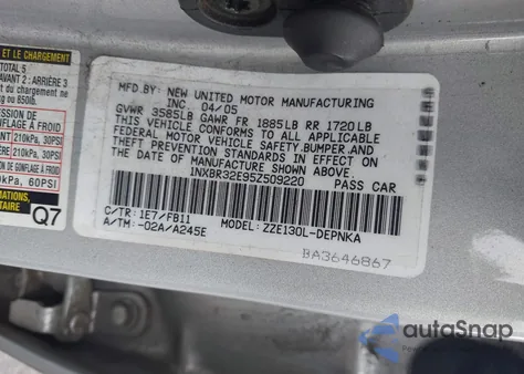 2005 Toyota Corolla Le из США, поврежденный, VIN 1NXBR32E95Z509220